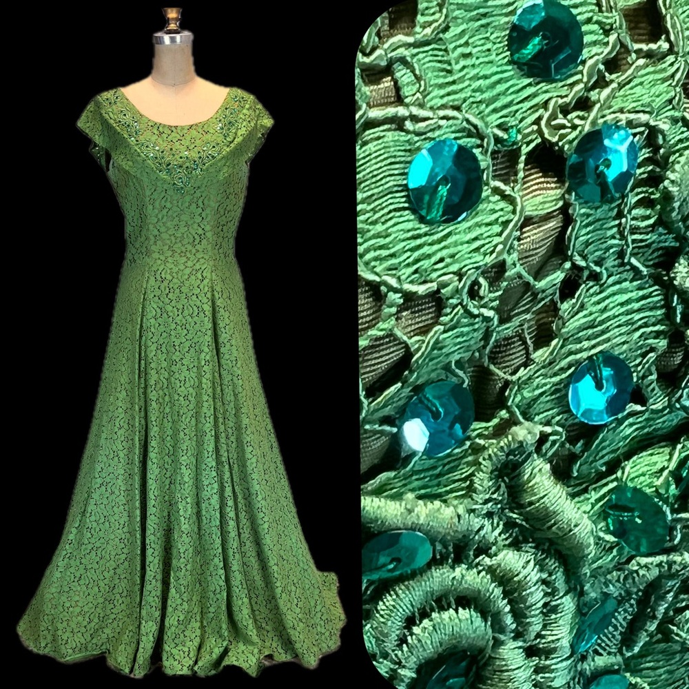 VINTAGE MCM mid‎ century woodland fairy goddess formal gown prom dress lace 50s